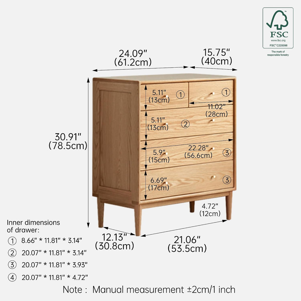 Solid Wood Dresser, 5 Drawer Dresser , Solid Wood Storage Organizer, Modern Chest of Drawers , Closet, Natural Oak