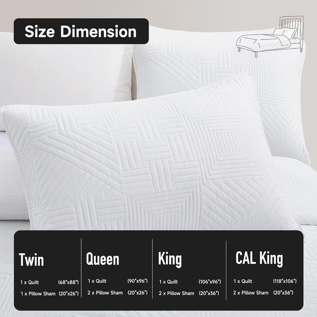 White Quilt with Pillow Shams, Summer Soft Geometric Pattern Bedspread, 3 Pieces Lightweight Coverlet Bedding