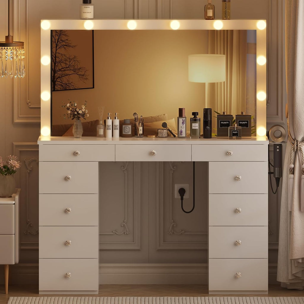 Vanity Desk with Mirror and Lights, White Vanity with Jewelry Storage Cabinet, Makeup Dressing Table with 11 Drawers