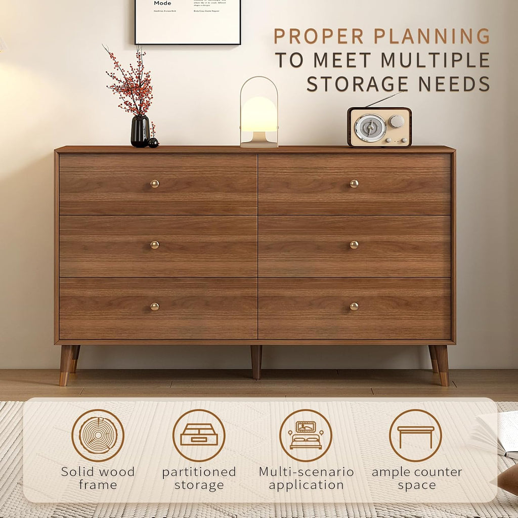 6-Drawer Dresser, Solid Wood Frame, Sturdy and Spacious Design, Modern Bedroom Storage Organizer, Multi-Functional