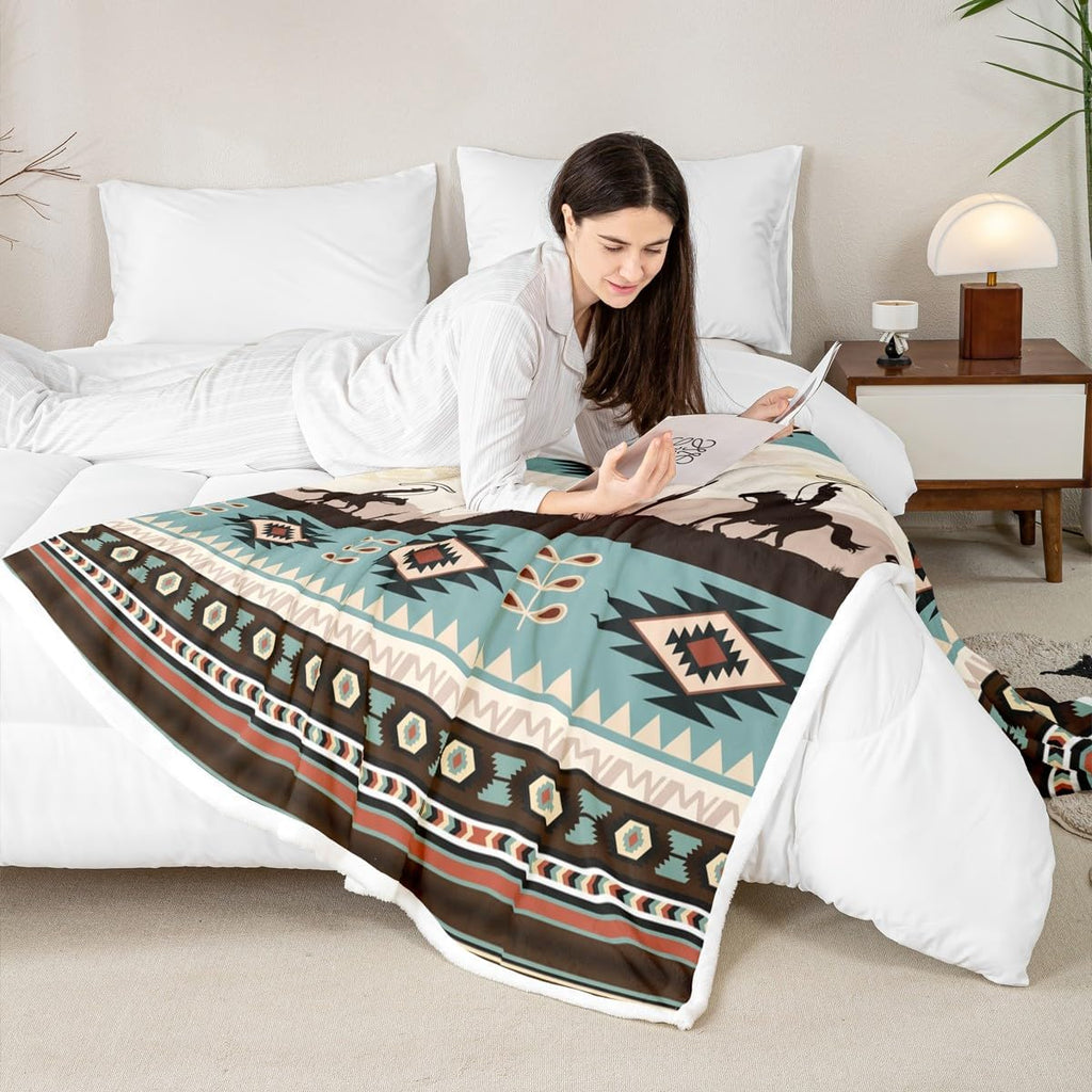 Western Cowboys Plush Throw Blanket,Boho Aztec Ethnic Flannel Fleece Blanket for Boys Girls Teens All Season,Bohemia