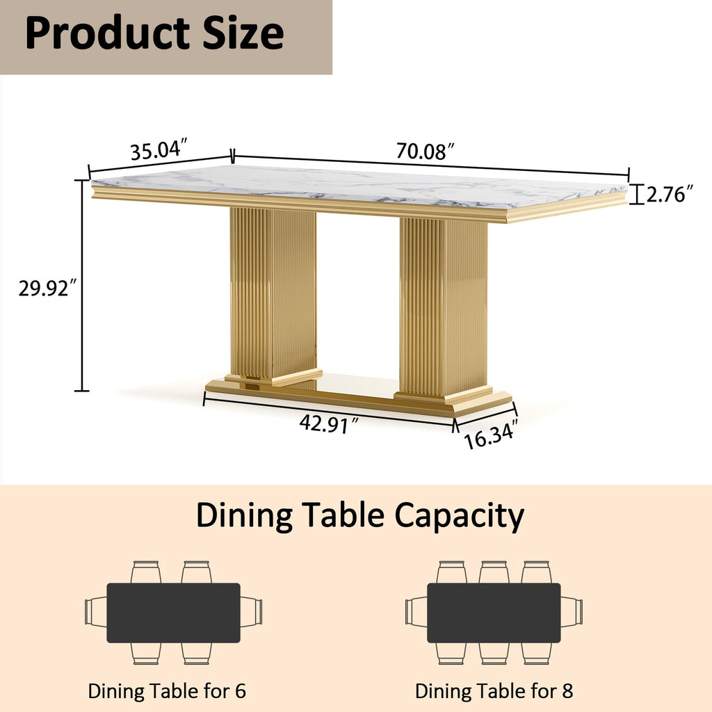 Marble Dining Table for 6 People, 70'' Rectangle Faux Marble Dining Table with Gold Mirrored Finish Stainless Steel
