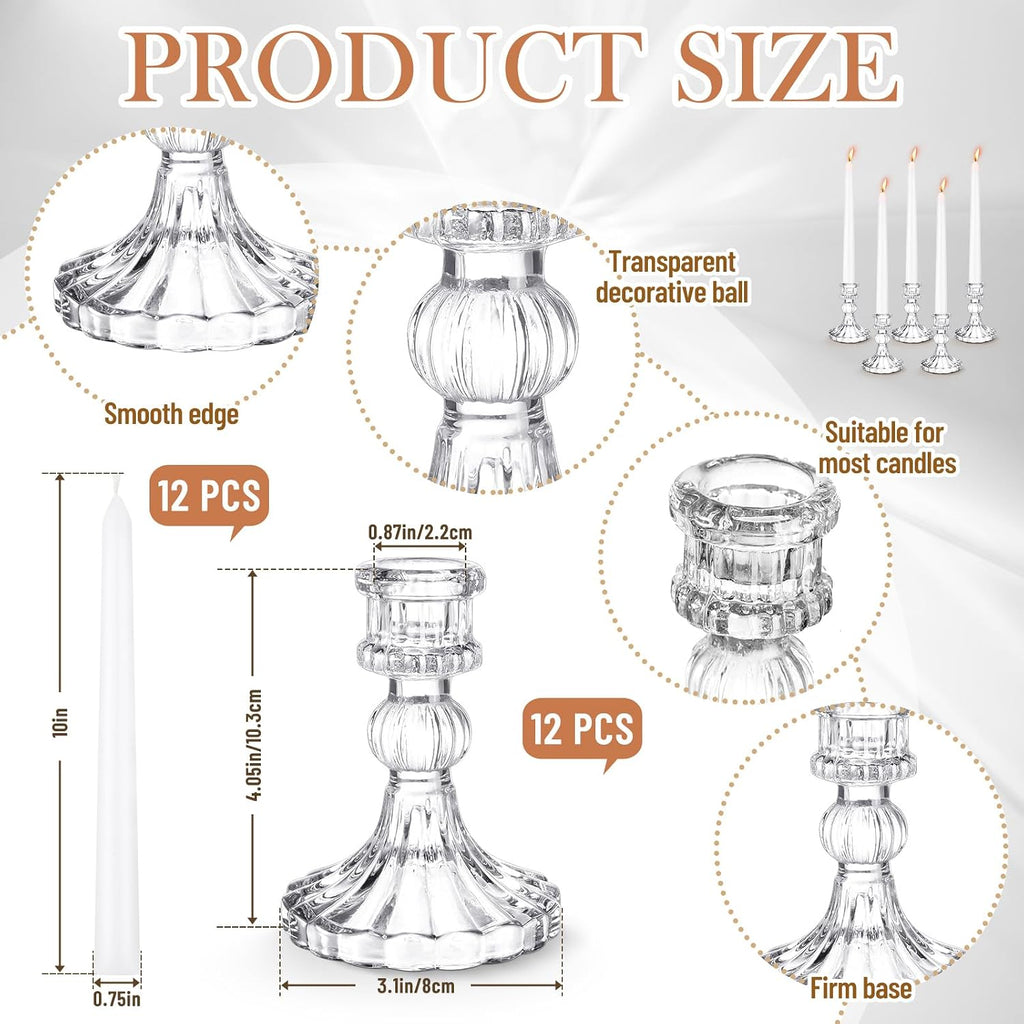 24 Pcs Glass Taper Candle Holder Sets 12 Candlestick Holder with 12 White Long Candles for Wedding Party Decor Dinner