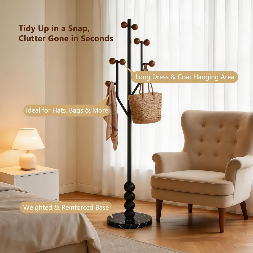 Freestanding Mid-Century Modern Tree Coat Rack | Freestanding metal rack with black marble base & wood spherical hooks