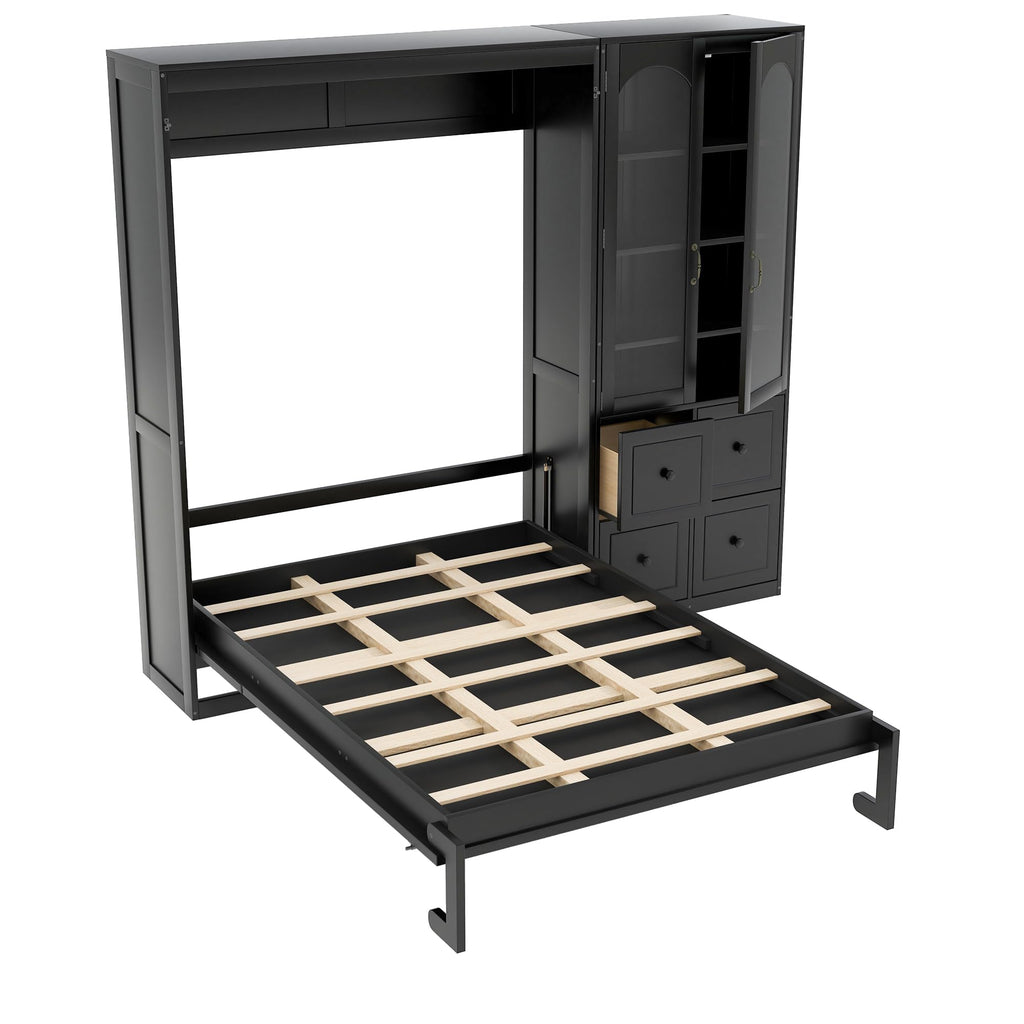 Queen Murphy Bed with Storage Drawers and Cabinet, Solid Wood Foldable Hidden Vertical Murphy Wall Bed with Storage