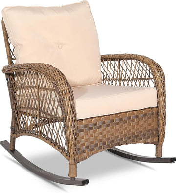 Outdoor Wicker Rocking Chair, Patio Rattan Rocker Chair with Cushions & Steel Frame, All-Weather Rocking Lawn Wicker