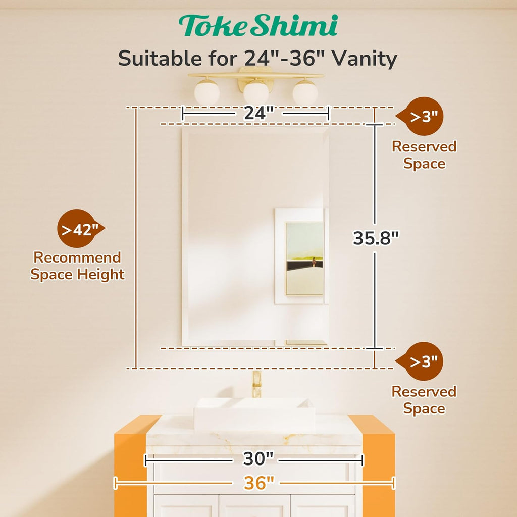 24x36 Beveled Wall Mirror Decorative, Bathroom Vanity Mirrored with 1" Beveled Edge, Shatterproof Modern Frameless