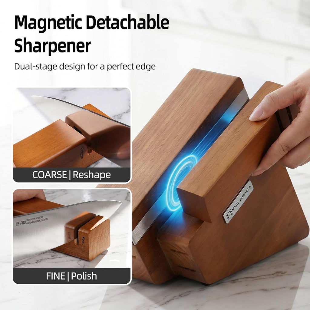Kitchen Knife Set with Block and Detachable Sharpener | 8-Piece High Carbon Stainless Steel Knife Block Set, Fully