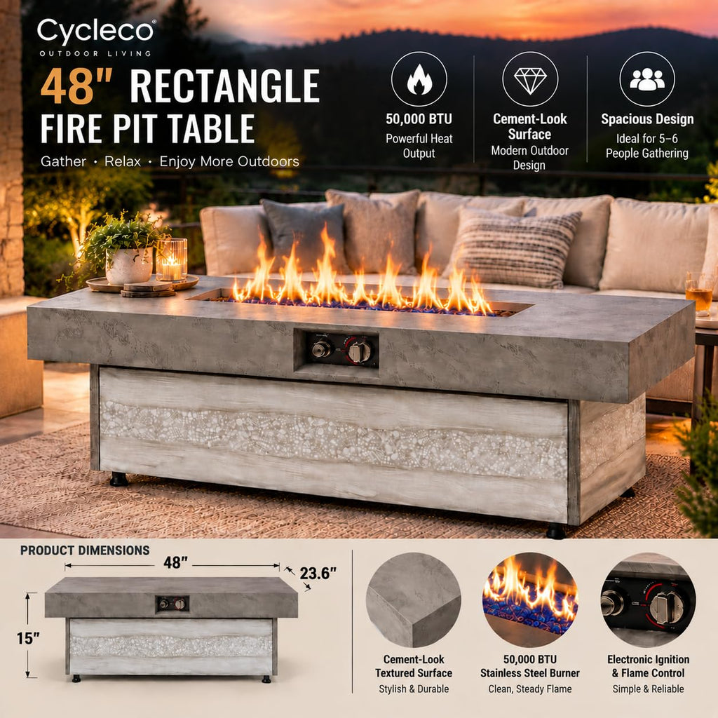 48 Inch Rectangular Outdoor Propane Gas Fire Pit Table, 50, 000 BTU