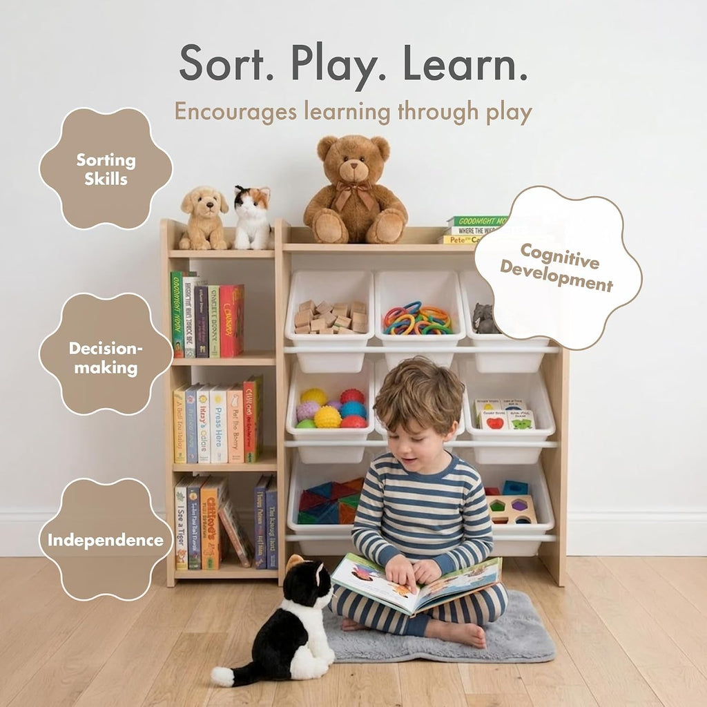 Kids Toy Storage Organizer with Bookshelf, 9 Bins, Solid Wood | Built in side bookshelf, removable bins, solid