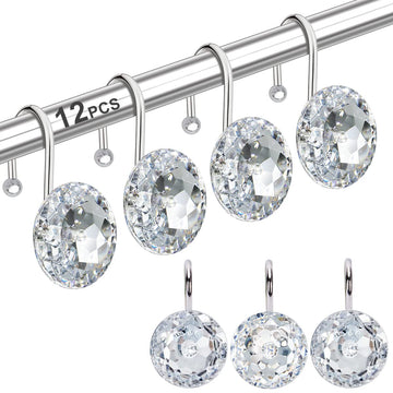 12PCS Shower Curtain Hooks Rings, Stainless Steel Metal Crystal Rhinestones Bling Rust Proof Shower Curtain Rings