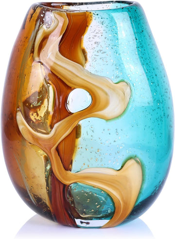 Pretty Hand Blown Glass Vase, Colored Glass Flower Vases Home Decor, Amber and Teal Decorative Murano vase Office
