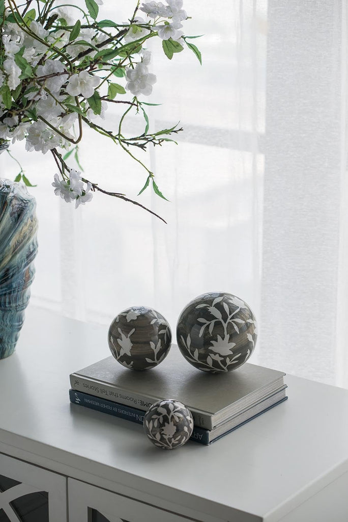 Set of 3 Ceramic Decorative Spheres - Handcrafted Floral Gray Orbs, Different Sizes, Decor, Tabletop Accent, Shelf