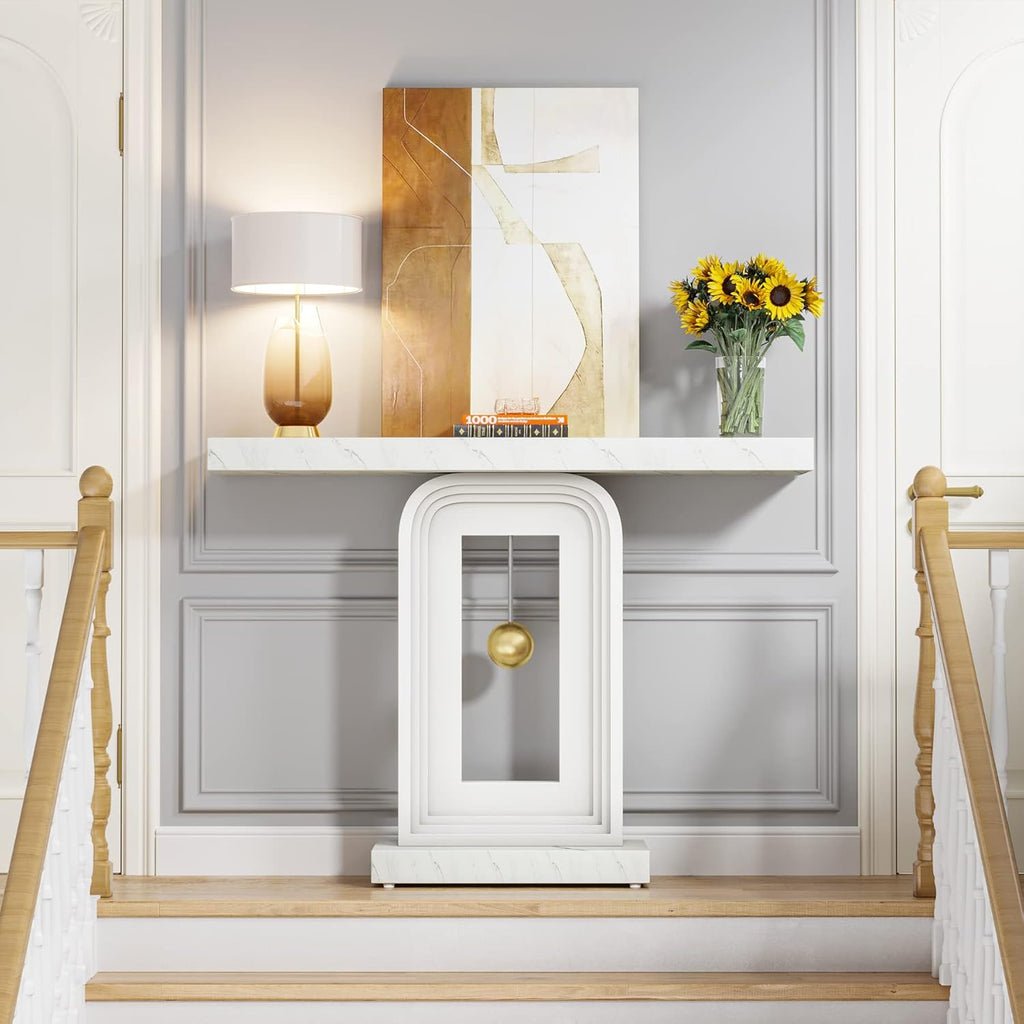 Modern Console Table, 40 Inches Faux Marble Sofa Table, Contemporary Entryway Table with Pendulum Shape Base Hallway