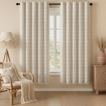 Boho Blackout Plaid Curtains 72 Inch Drapes Linen Blend 2 Panels