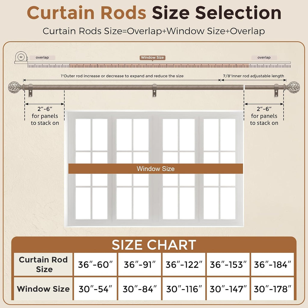 Curtain Rod 36-122 Inch, Boho Decorative 1 Inch Wood Rustic Curtain Rods for Windows, Adjustable Heavy Duty Long