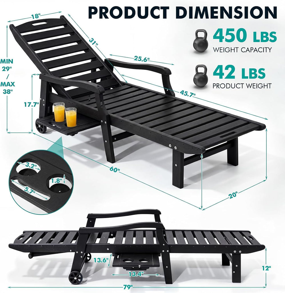 Oversized Outdoor Chaise Lounge Chair with Cup Holder | 79" HDPE Patio Lounger with Wheels 5-Position Adjustable