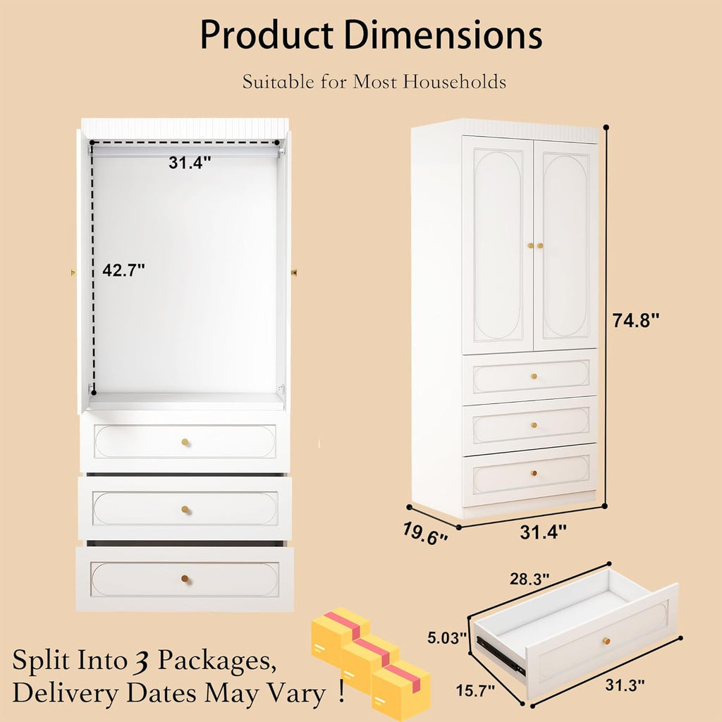 Armoire Wardrobe Closet with Drawers: 74" Tall White Wardrobe Closet with Doors, Large Bedroom Armoires for Clothes