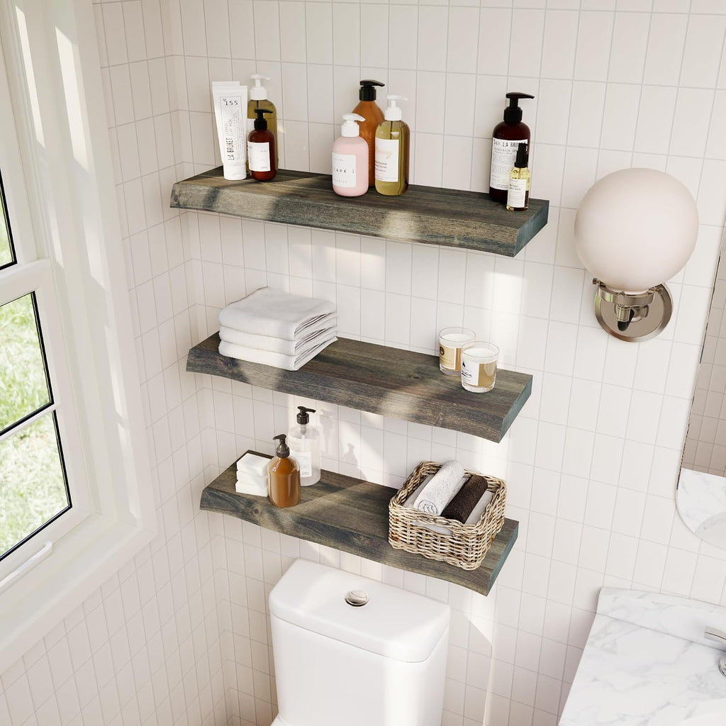 24'' Live Edge Floating Shelves for Wall, Acacia Wood Wall Mounted Shelves with Invisible Brackets, Rustic Wooden