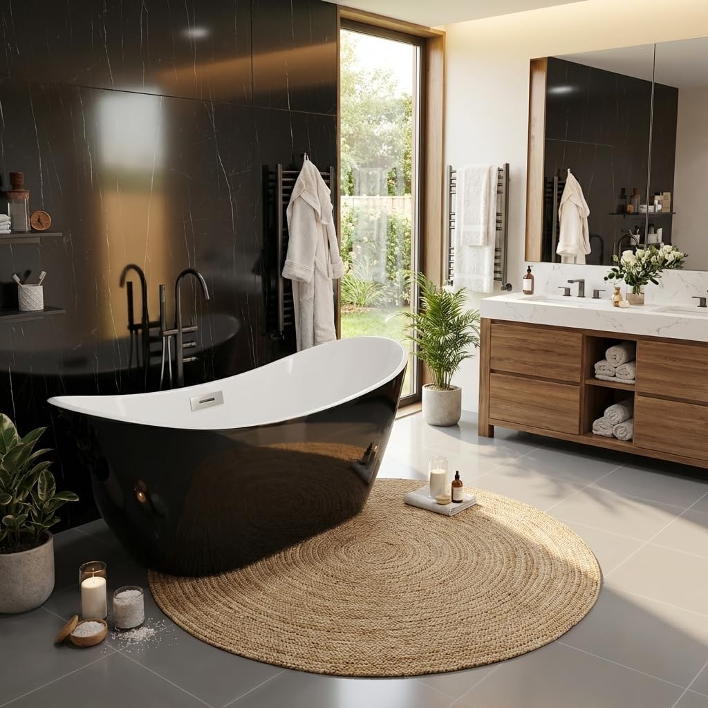 59" Deep Soaking Bathtub, Non-Slip Acrylic Tub with Chrome Drain, CUPC Certified, Ergonomic Modern Bath for Bathrooms