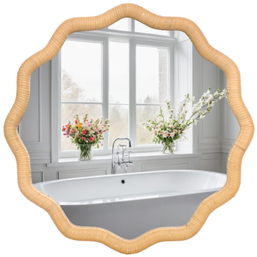 20" Round Rattan Wall Mirror, Scalloped Wavy Wicker Frame