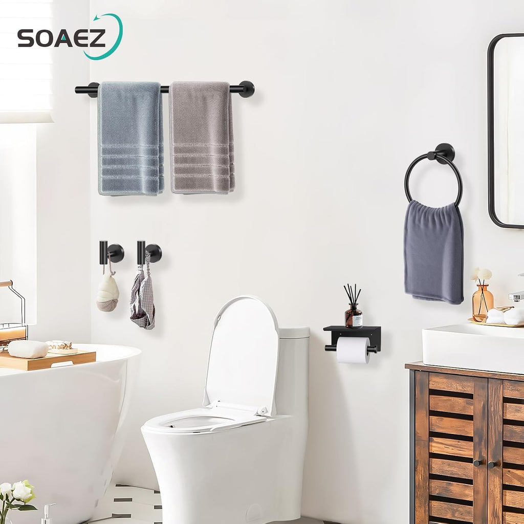 Matte Black Bathroom Hardware Set, 5 Pieces Black Towel Bar Bathroom Accessories Set, Upgraded Toilet Paper Holder