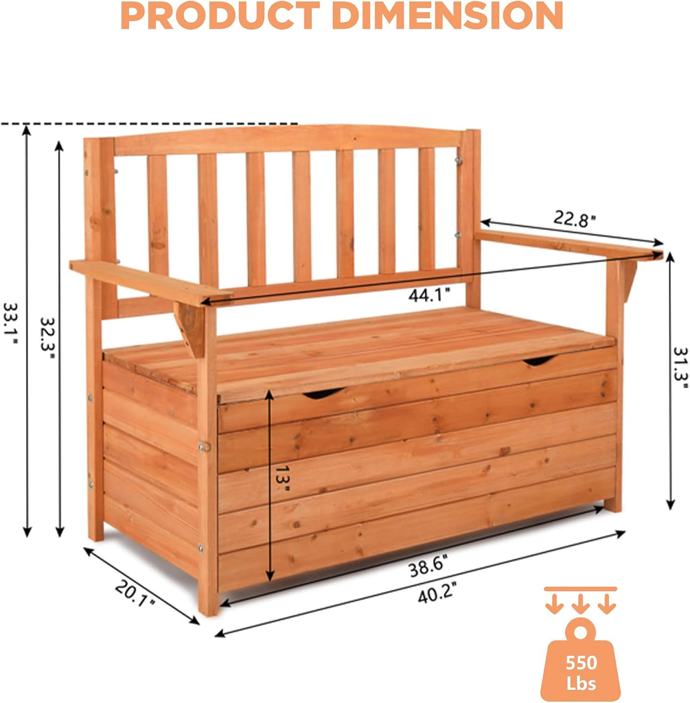 80 Gallon Outdoor Storage Bench Deck Box, Wooden Patio Bench with Armrests & Inner Removable DustProof Lining for