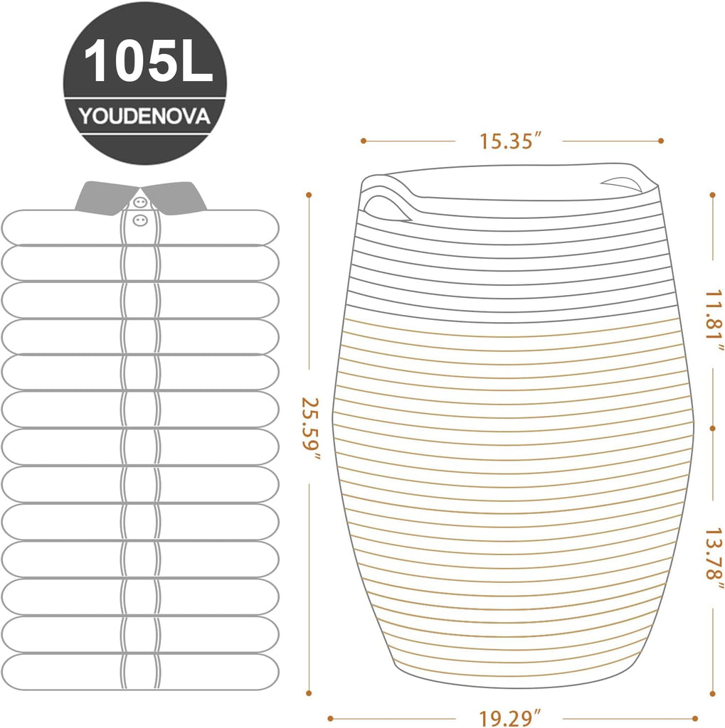 105L Cotton Rope Laundry Hamper, Collapsible Woven Basket | Extra Large Woven Laundry Hamper with Sturdy Handles