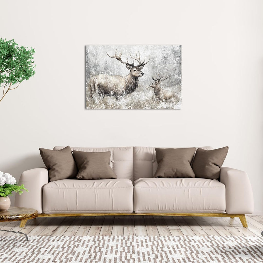 Deer Canvas Wall Art Vintage Elk Painting Prints Rustic Farmhouse Kitchen Decor Wildlife Artwork Framed Ready to Hang