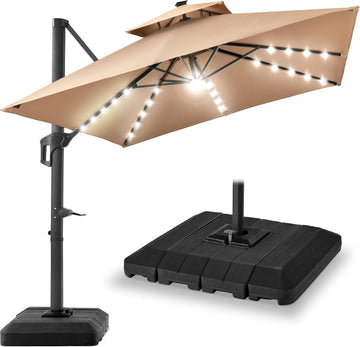 12x12ft LED Cantilever Patio Umbrella w/Base Included & 360° Rotation - Tan