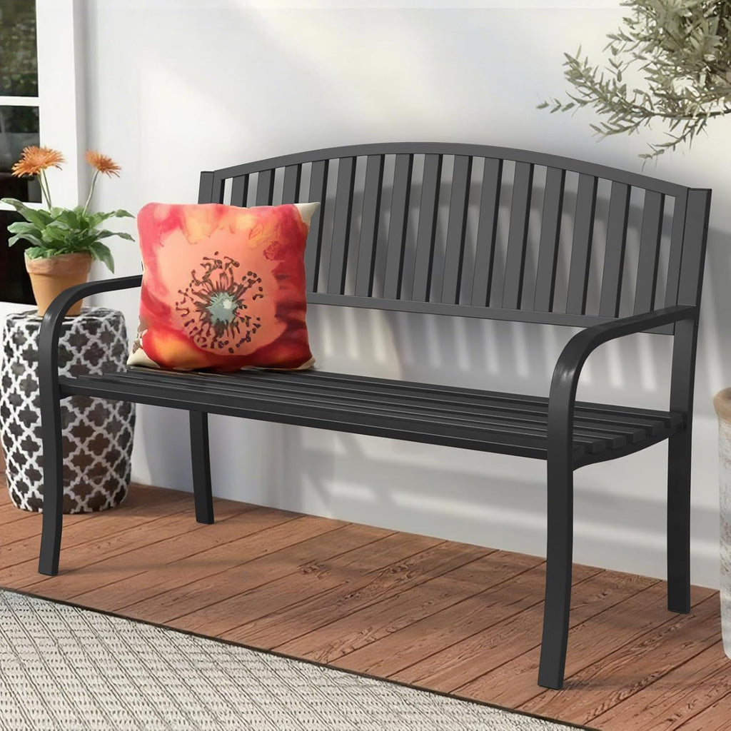 50" Outdoor Garden Bench, Iron Metal Frame Patio Bench with Backrest and Armrests, Weatherproof Anti-Rust Outdoor