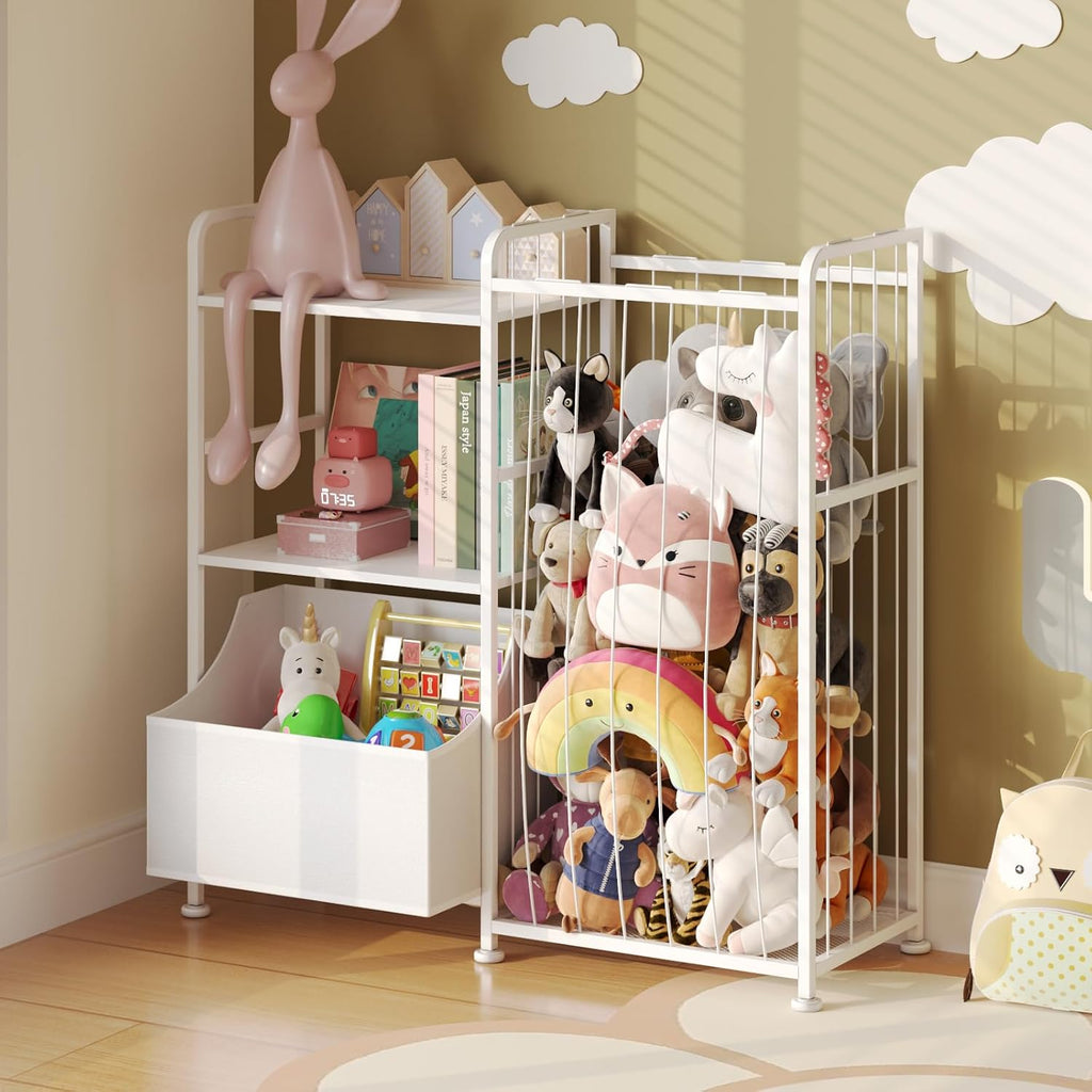 Kids Bookshelf and Toy Storage Organizer, Stuffed Animal Storage Holder with Fabric Toy Chest, 2-Tier Toddler Book