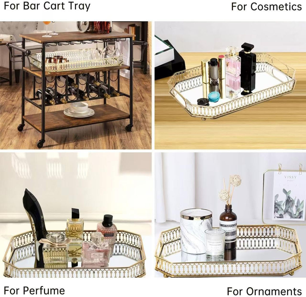 Bar Cart Tray, Decorative Mirrored Tray with Handles, Large Capacity Organizer, Gold
