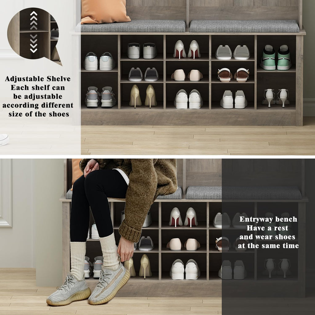 Hall Tree with Bench and Shoe Storage, 53" Farmhouse 4-in-1 Mudroom Storage Organizer with Coat Rack, 6 Hooks, 12