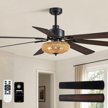 72 Inch Ceiling Fan with Light Indoor Rustic Farmhouse Matte Black 7 Blades APP and Remote Control