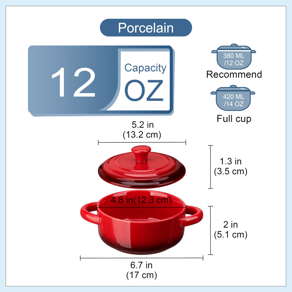Mini Cocotte Set, 12 OZ Small Casserole Dishes with Lids, Soup Bowls With Handles, Individual Baking Ramekins, Oven