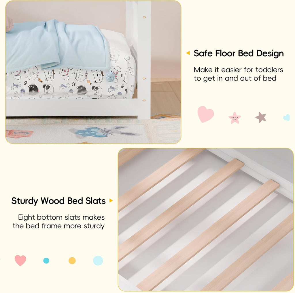 Tw Bed, Montessori Floor Bed with Headboard & Footboard, Solid Wood Bed Frame for Toddlers Kids Bedroom, White