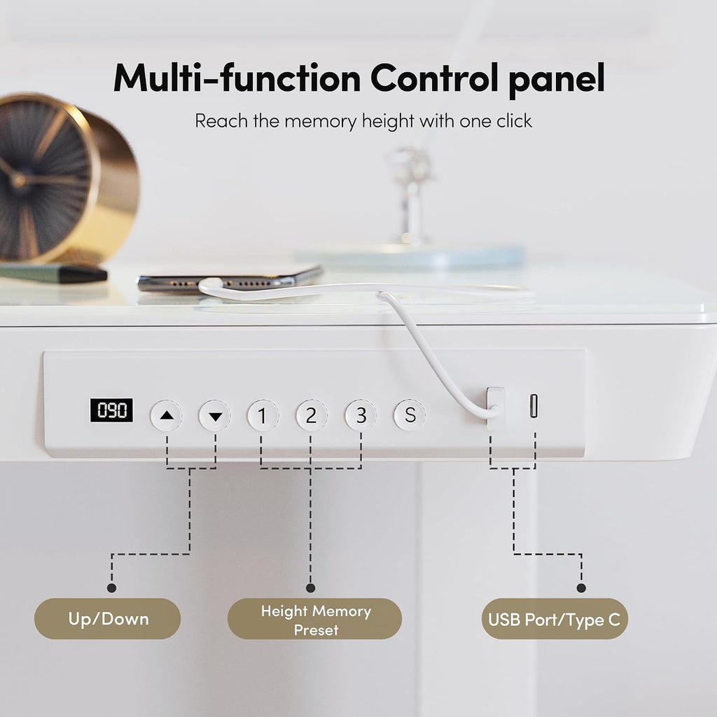Electric Standing Desk with Drawers, 55 inch Whole-Piece Glass Desktop, Height Adjustable Stand up Sit Stand Home