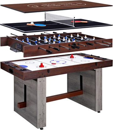 4-in-1 Combo Game Table 55" Multi-Game Table with Foosball, Electric Air Hockey (Powerful 700mA Motor), Ping Pong & Poker Great for Home & Game Room Fun