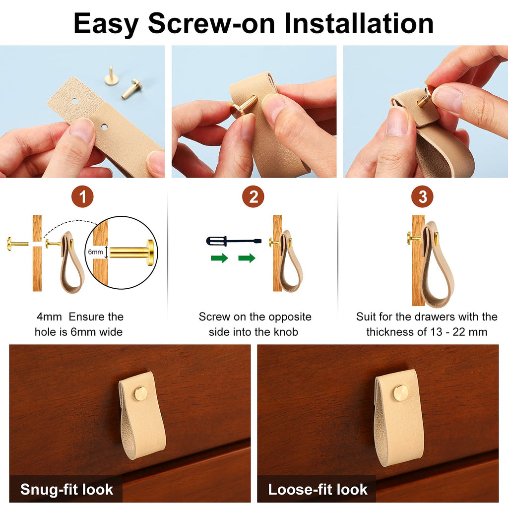 24 Pack Leather Drawer Pulls, Cabinet Handle with Screws, Light Brown