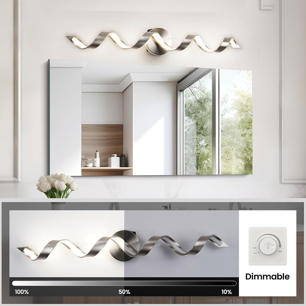 LED Modern Bathroom Vanity Light Fixtures, 31 inch Brushed Nickel Wall Lamp Bedroom 4000K, Spiral Design Wall Sconce