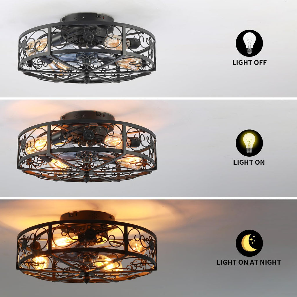 20'' Caged Ceiling Fan with Lights and Remote Control,Small Farmhouse Bladeless Low Profile Ceiling Fans Lights