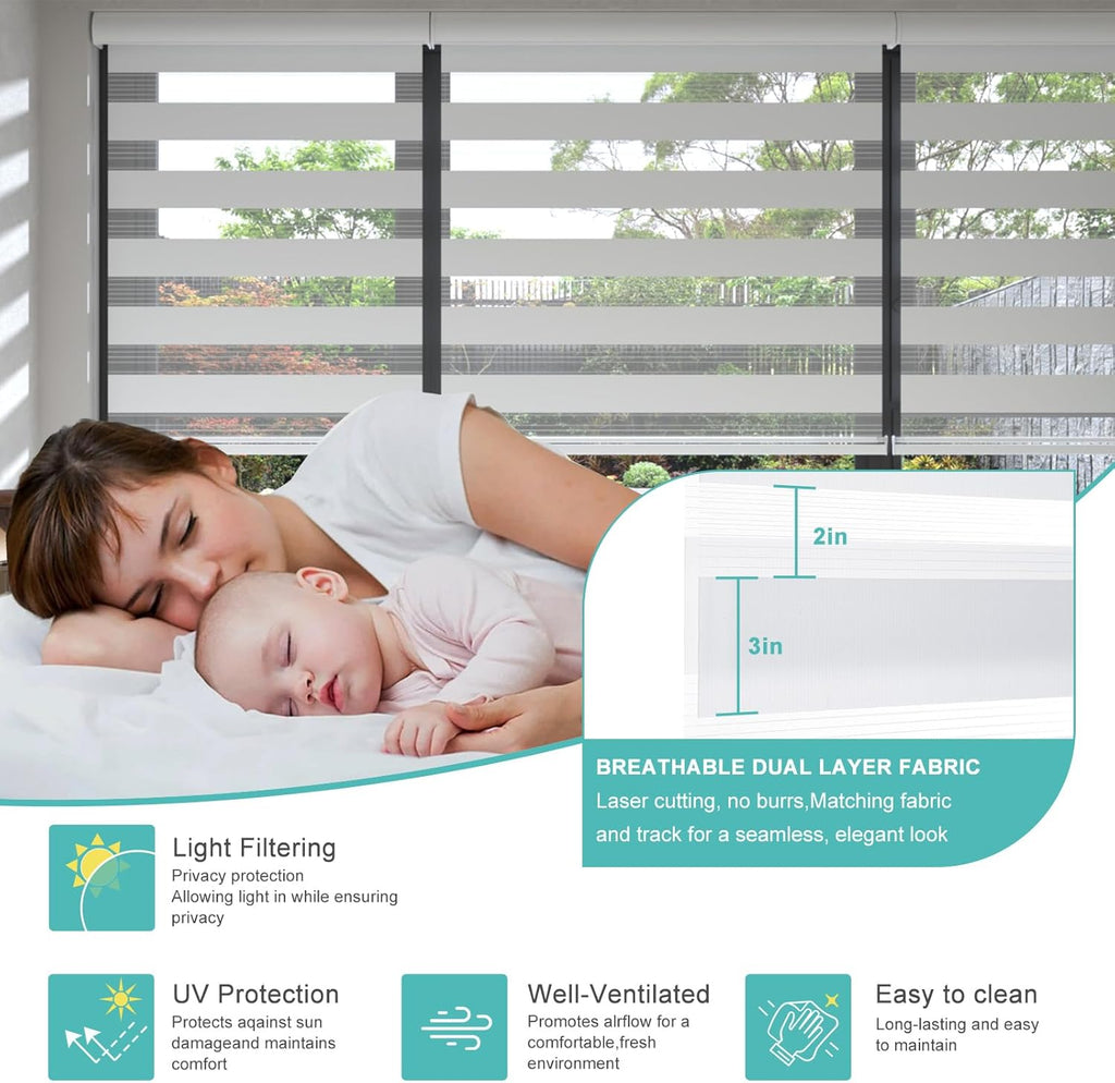 Cordless Zebra Blinds for Windows, Modern Dual Layer Zebra Blinds with Light Filtering & Privacy Control,Easy Install