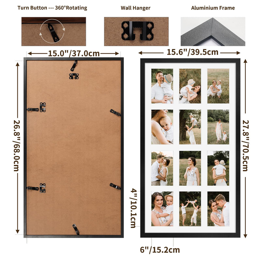 12 Opening 4x6 Black Collage Picture Frames, Multiple Frames for Displaying 6x4 Photos with White Mat(1 Pack)