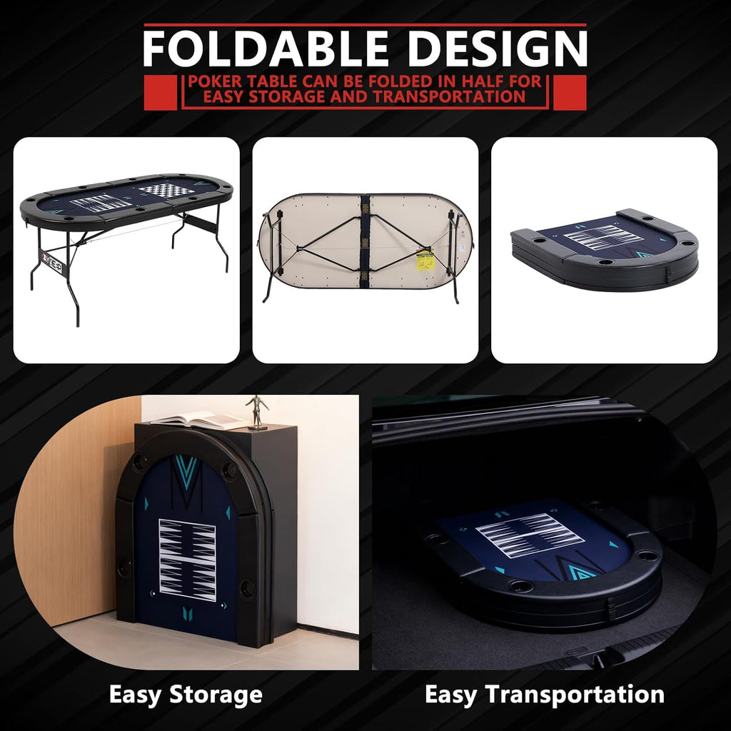 4-in-1 Poker Table Foldable, 8 Player Folding Poker Table w/Interchangeable Texas Holdem/Blackjack Game Mat & Built-in Chess/Backgammon Board, Portable Game Table for Home Party（72inch