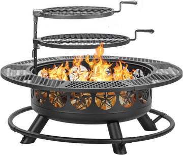42 Inch BBQ Fire Pit with 2 Grills,3-in-1 Outdoor Round Metal Fire Pit Table with Lid,Fire Poker,Large Outdoor Wood