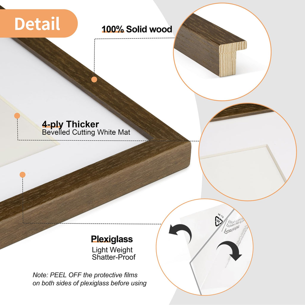 Minimalist 12x16 Picture Frame with Mat for 8.5x11, Brown Walnut, Solid Wood 12x16 Frame for Posters or Art Prints