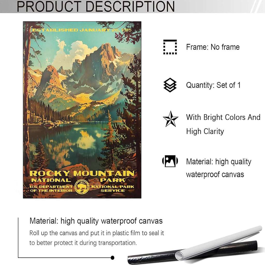 Retro Rocky Mountain National Park Poster Colorado Forest Mountains Canvas Wall Art Hiking Adventure Travel Scenery