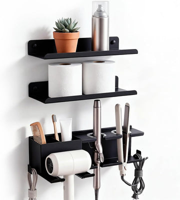 Set of 3 Hair Dryer Holder Wall Mounted with 2 Floating Shelves, 1 Metal Hair Tool Organizer for Blow Dryer, Curling