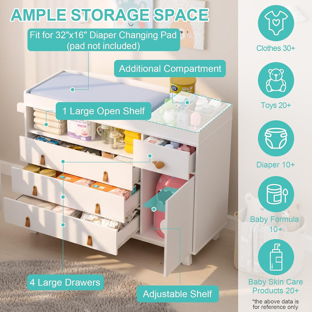 Baby Dresser with Changing Table Top, Baby Changing Table Dresser with 4 Drawers and Adjustable Shelves